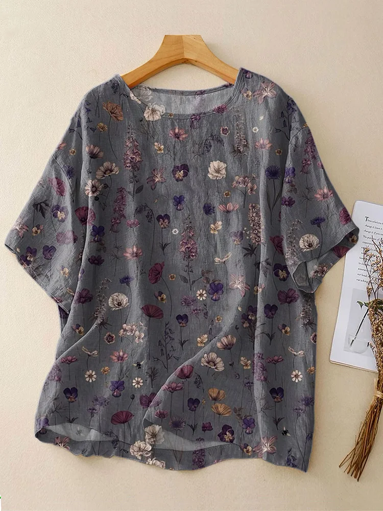 Women's Vintage  Flowers  Art  Print Casual Linen Crew Neck Shirt