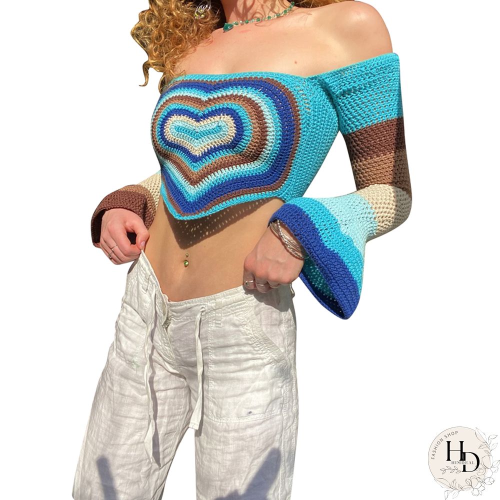 Aesthetic Grunge Sweater Vest Women Contrast Color Heart Print Flared Long Sleeve Knitwear Y2k Fairycore T Shirt