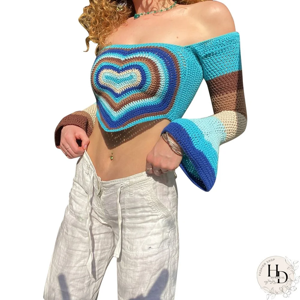 Aesthetic Grunge Sweater Vest Women Contrast Color Heart Print Flared Long Sleeve Knitwear Y2k Fairycore T Shirt