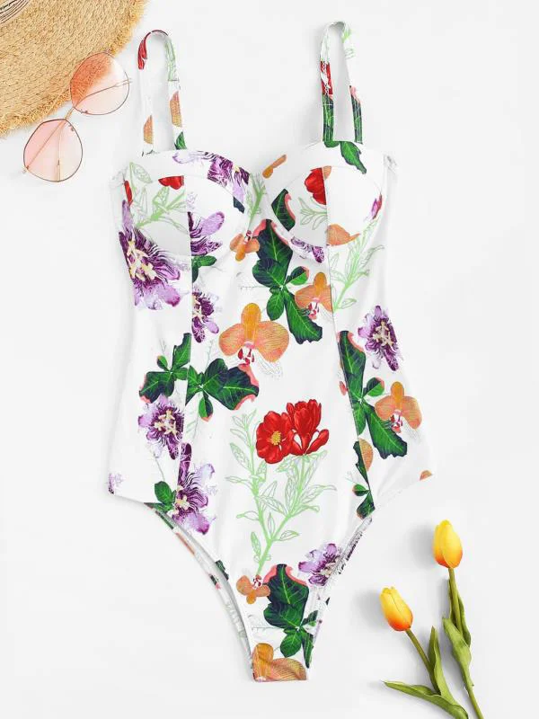  Floral Printed Adjustable Underwired One-Piece Swimsuit