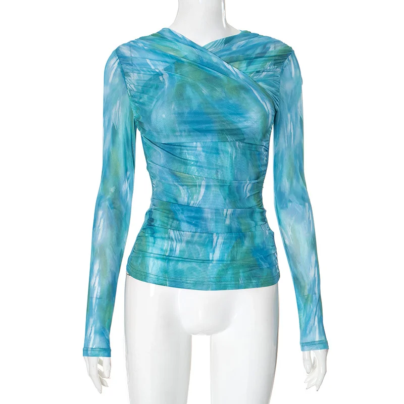 Brownm Brownm Women's Autumn And Winter Cross-Neck Folding Folding Waist Dyed Printing Mesh Yarn T-Shirt