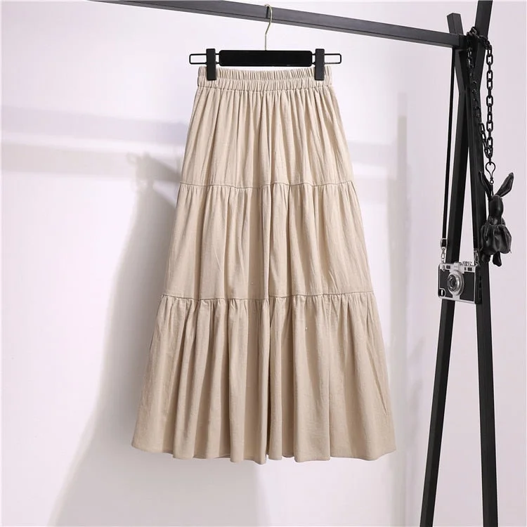 NEEDBO Long Skirts Plus Size Pleated Midi Skirt Summer Lady Elastic Waist Beach Elegant Casual Skirts Women Autumn Pleated Skirt