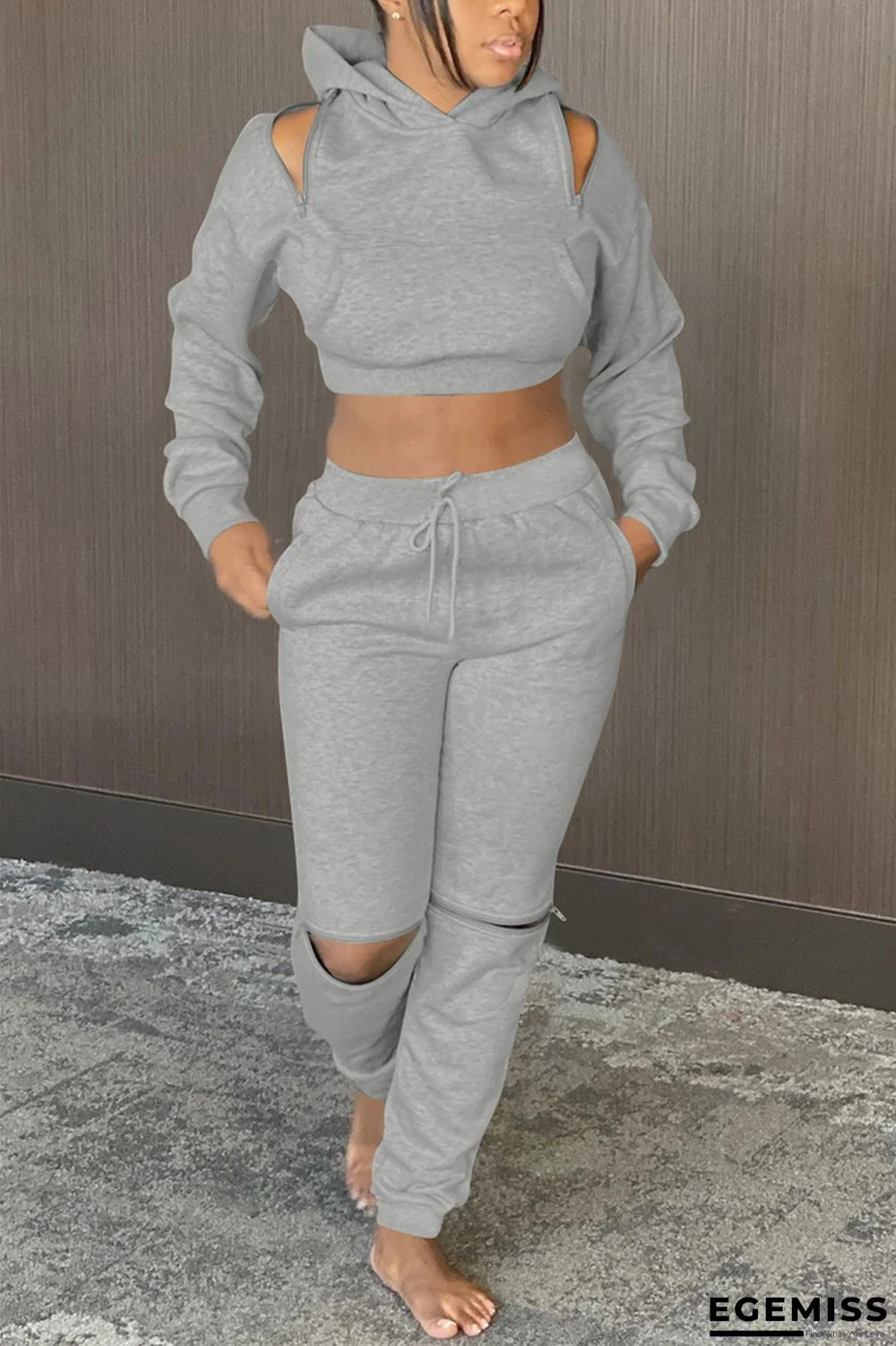 Gray Fashion Casual Long Sleeve Hooded Collar Regular Sleeve Short Solid Two Pieces | EGEMISS