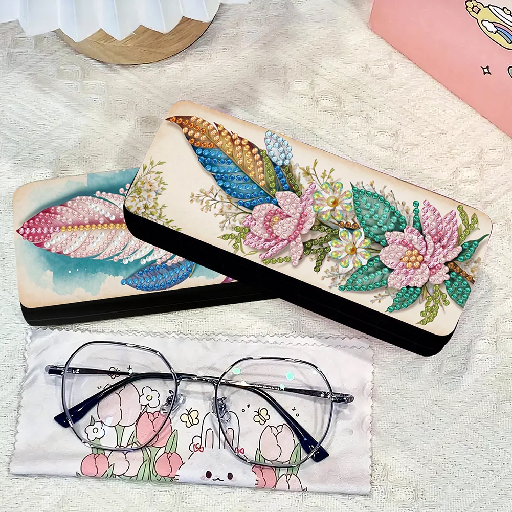 2Pcs 5D DIY Feather Diamond Painting Glasses Case Kit Diamond Art Glasses Case