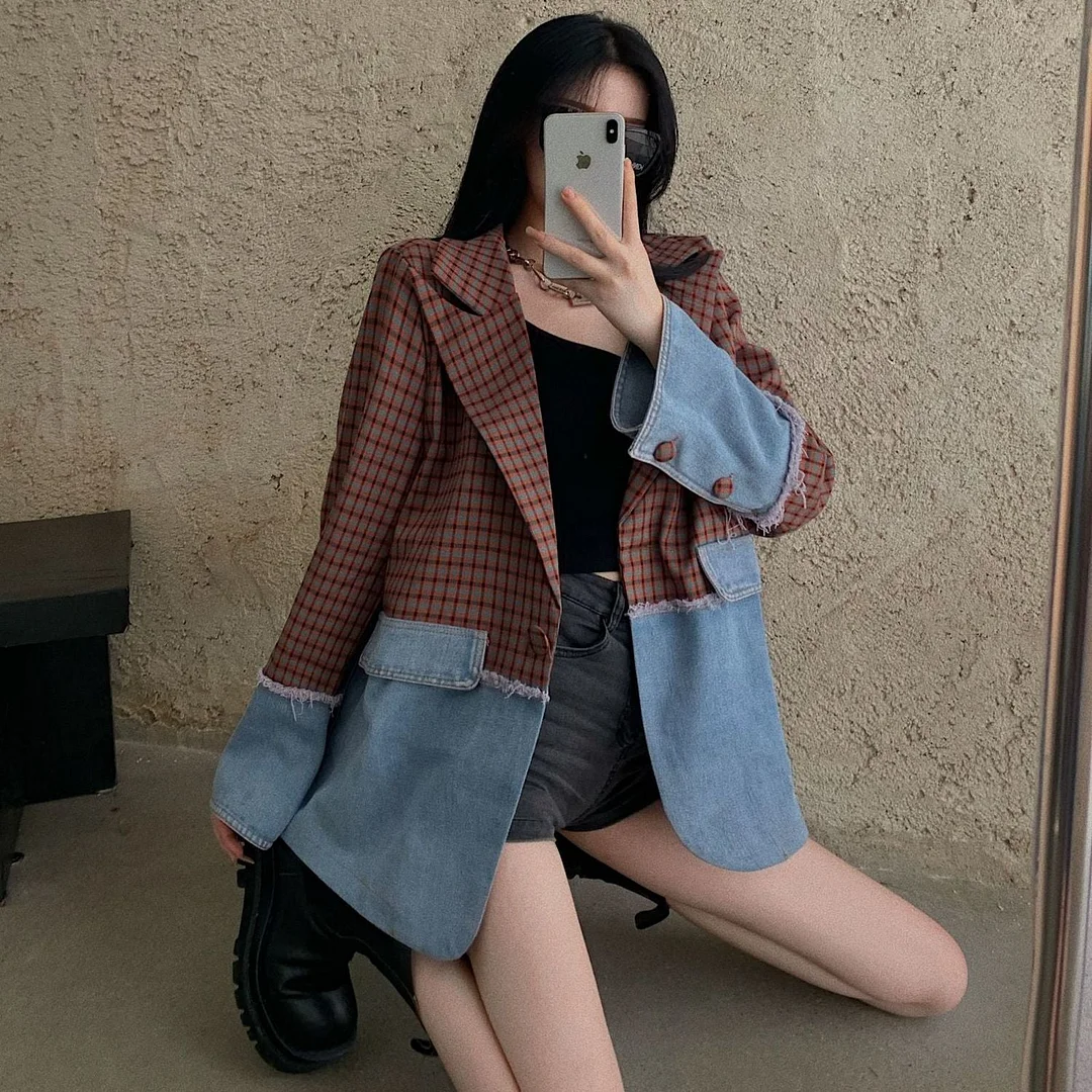 Women Blazers Patchwork Design Vintage Retro Single Button Long Sleeve Loose Casual Korean Style Chic Outwear Ulzzang Fashion