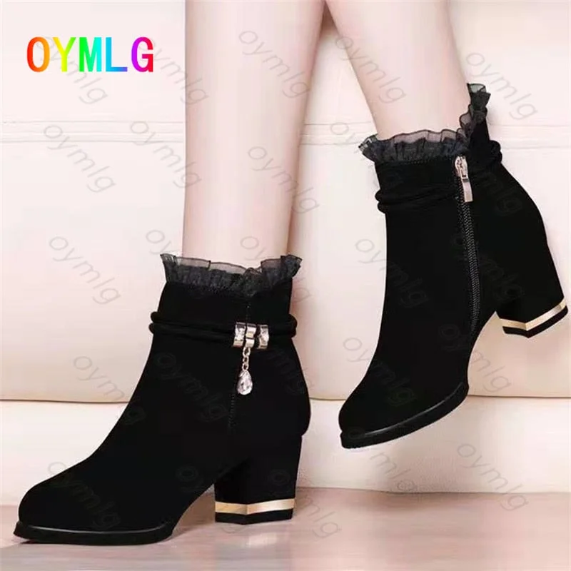 2021 spring, autumn and winter suede short boots thick heel women's boots sexy lace wild side zipper nude boots womens shoes