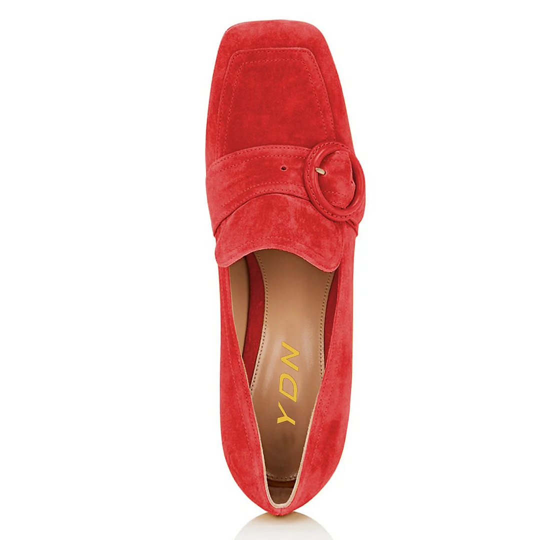 YDN Classic Red Vegan Suede Round Buckle Square Toe Loafer Heels
