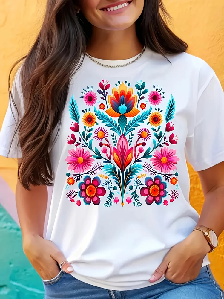 Women's Vibrant Mexican Floral Embroidered T-Shirt - Colorful Short Sleeve Crew Neck Top With Traditional Mexican Design, Casual Spring/Summer/Fall Wear, Mexican T Shirt