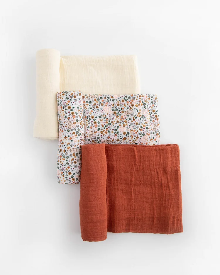 Cotton Muslin Swaddle Blanket 3 Pack - Pressed Petals