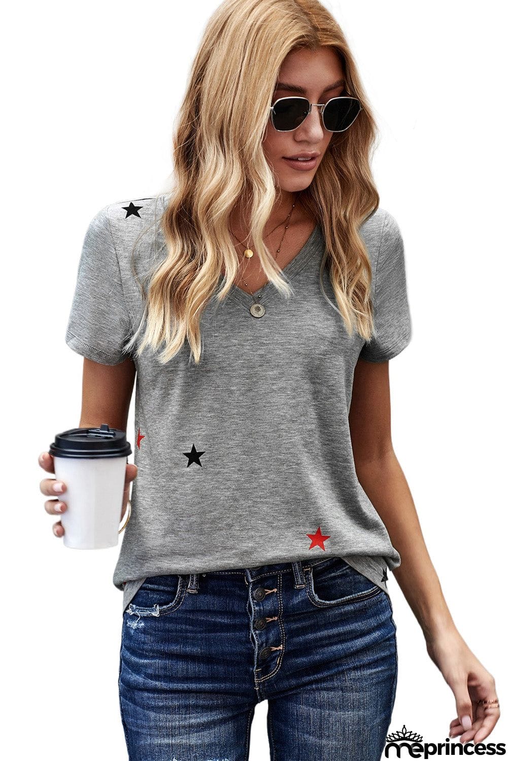 V Neck Stars Print Gray T-shirt