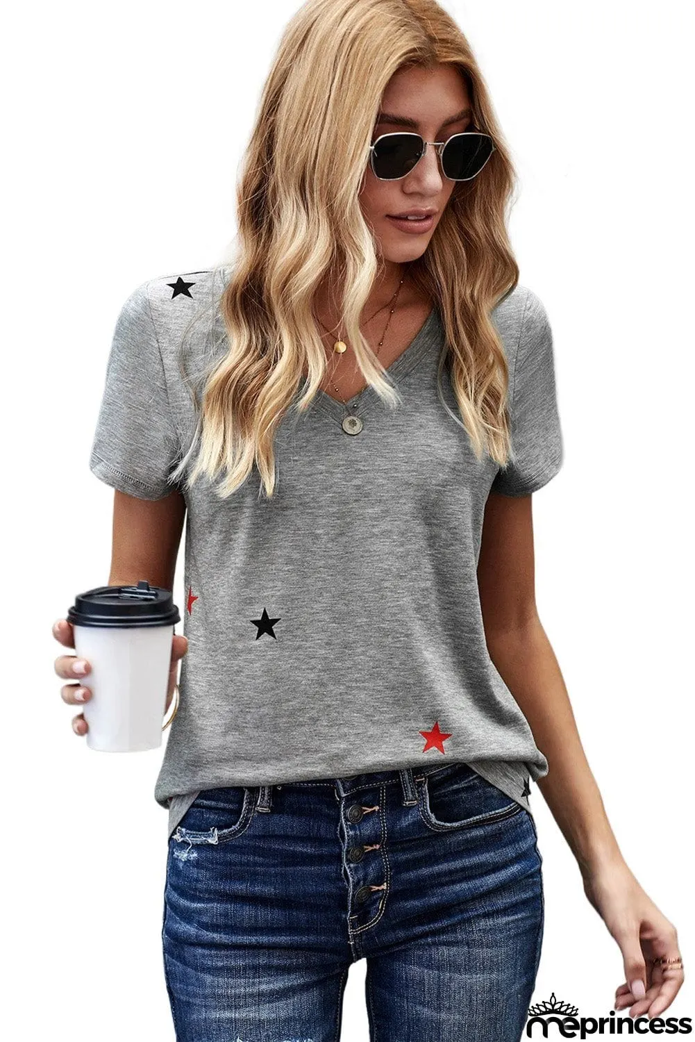 V Neck Stars Print Gray T-shirt