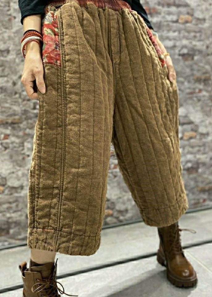 French Khaki Patchwork Fine Cotton Filled Pants Winter CK1949- Fabulory