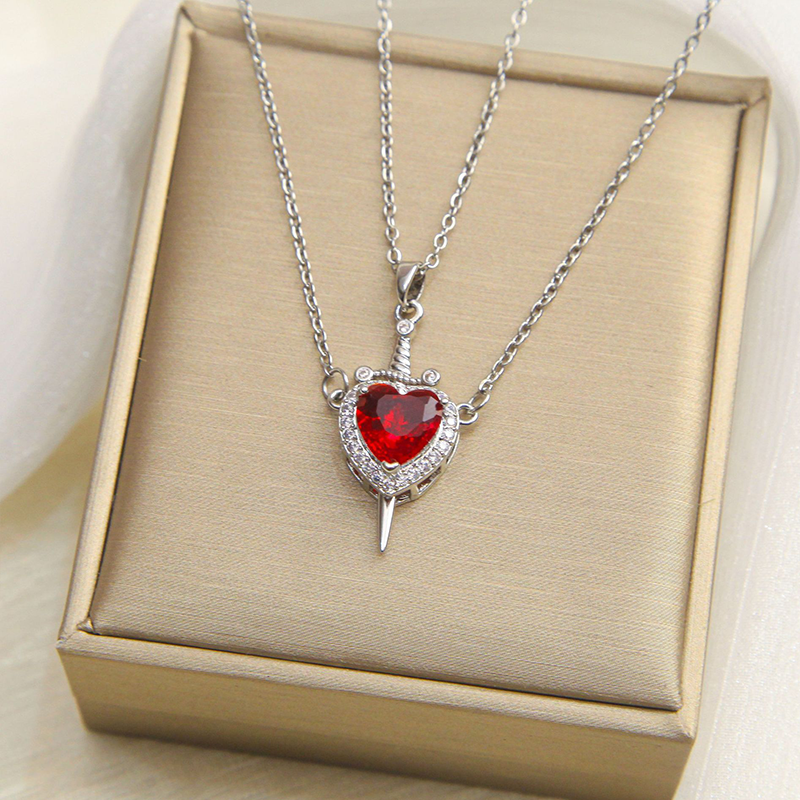 Valentine's Day 18K Gold Red Heart Dagger Couple Gift Necklace Jewelry