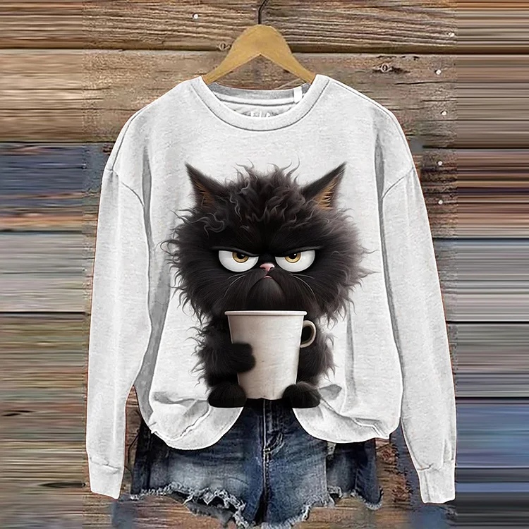 VChics Cute Grumpy Coffee Cat Art Print Pattern Casual Sweatshirt