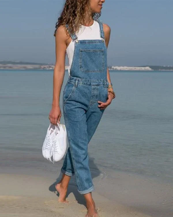 belted hole hollow out pocket casual fashion denim overalls jumpsuit p117074