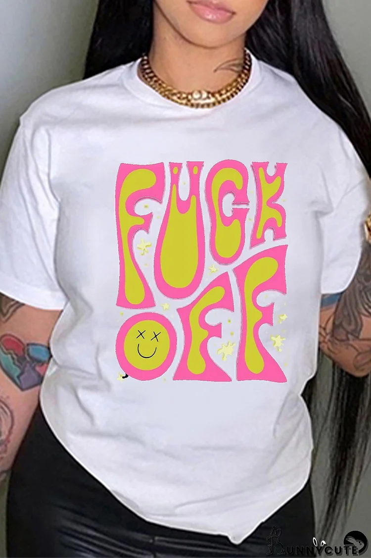 White Fashion Street Print Patchwork Letter O Neck T-Shirts