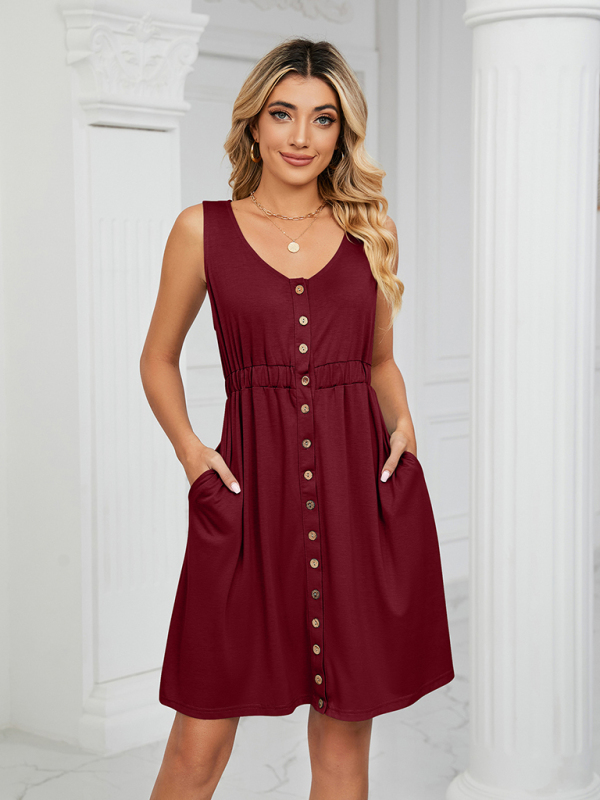 Mature Women Knitted Sleeveless Button Pocket Round Neck Slit Waist Summer Dress