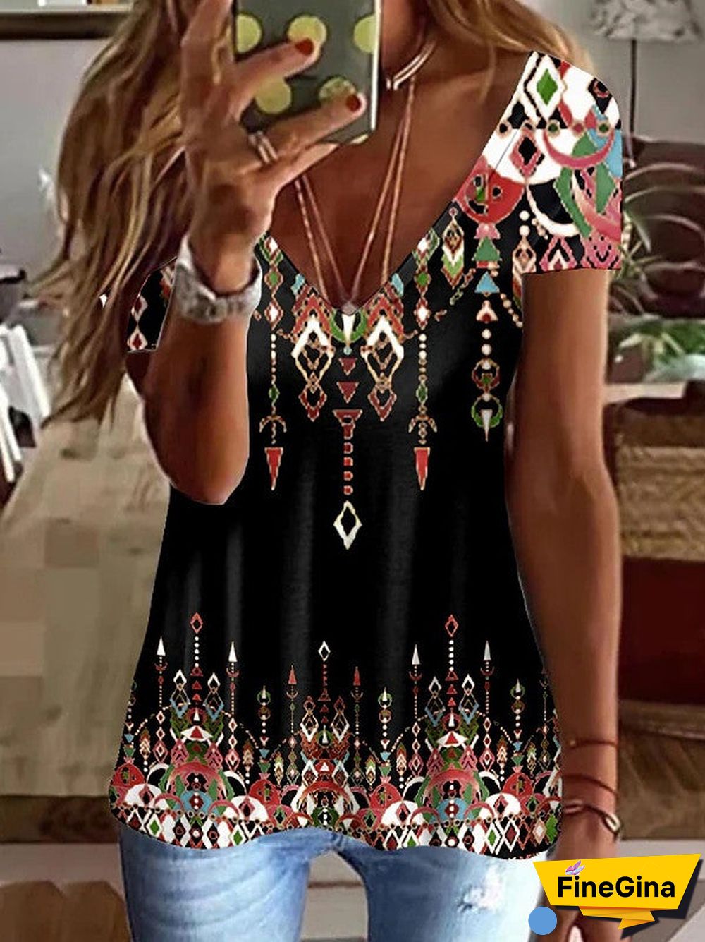 Women's Summer Short-sleeved V-neck Printed Casual Top