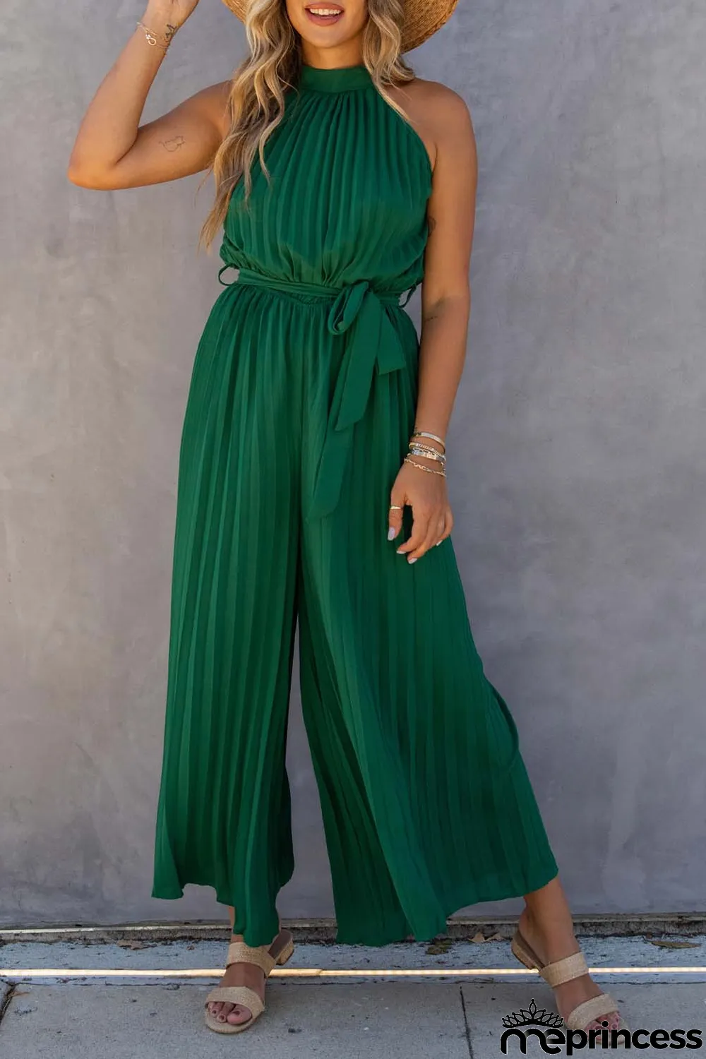 Green Halter Neck Pleated Wide Leg Jumpsuit with Belt