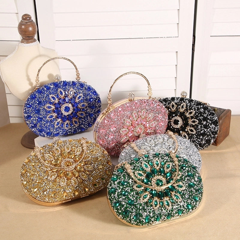Gold Black Green Polyester Flower Round Evening Bags