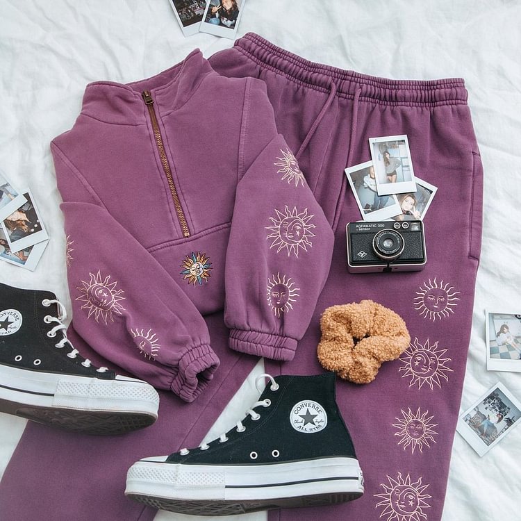 Classic Tracksuit Embroidered Hoodie Pant Set -Purple
