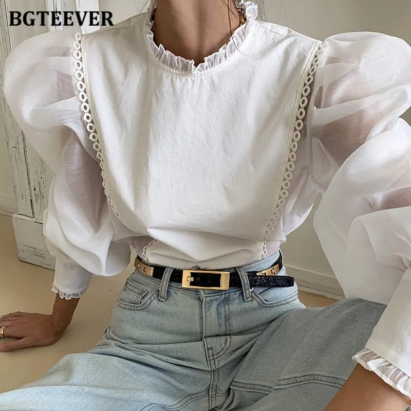 BGTEEVER Vintage Stand Collar White Shirts for Women Long Sleeve Loose Female Blouses 2021 Spring Chic Ruffles Ladies Tops