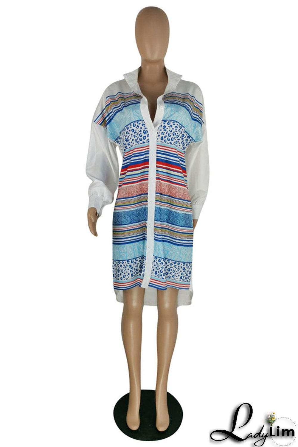 Blue Fashion Casual Striped Print Patchwork Shirt Collar Shirt Dress