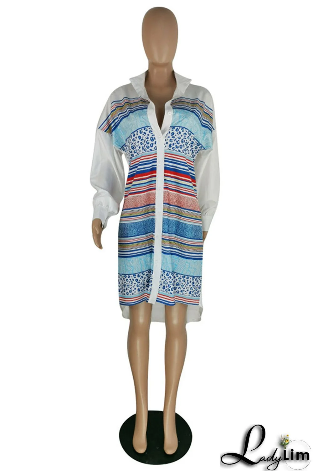 Blue Fashion Casual Striped Print Patchwork Shirt Collar Shirt Dress