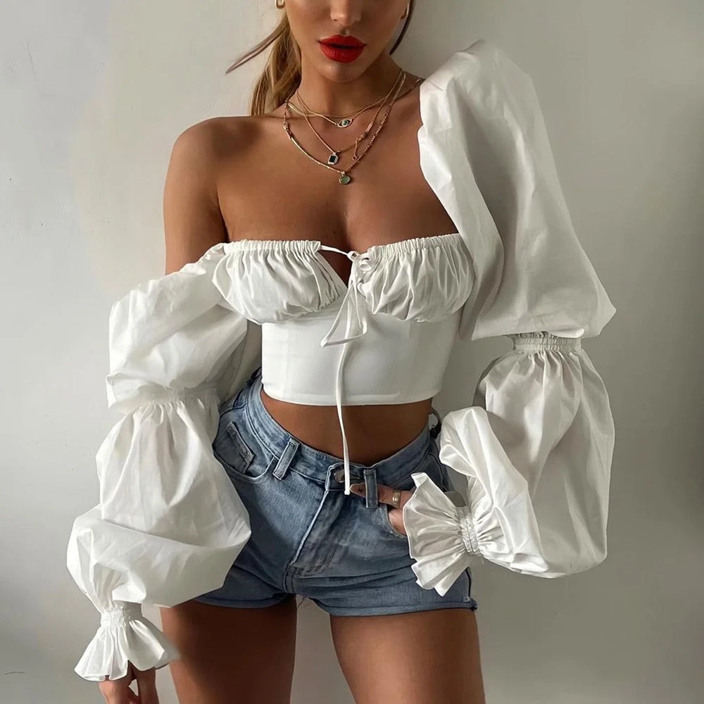 Yimunancy Puff Sleeve Crop Top Women Lace Up Elegant Top 2021 Summer Ladies White Blouse