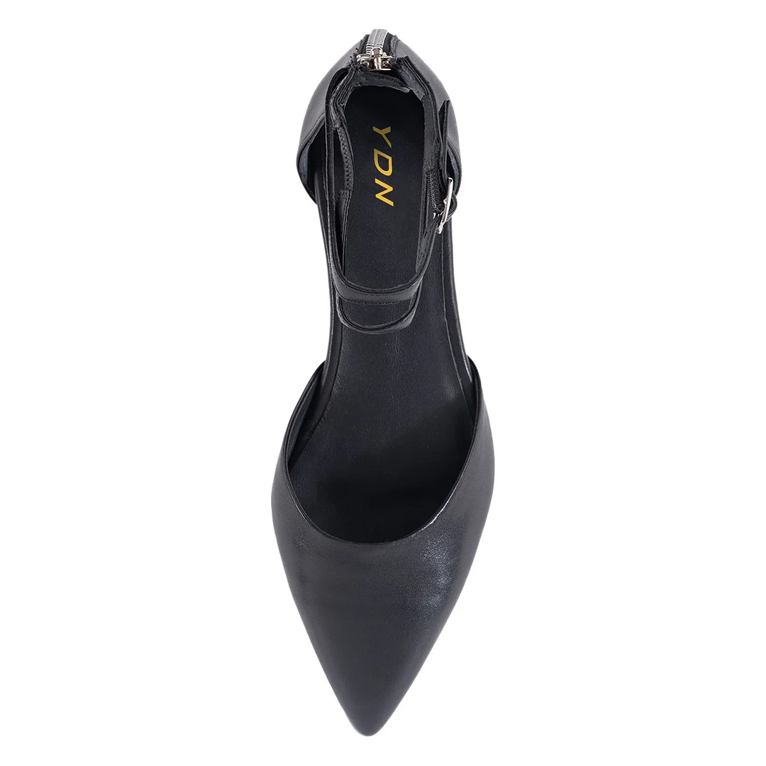 Comfortable Pointed Toe Zipped Flat Ankle Strap Pumps Shoes in Black