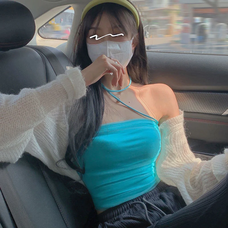 Uveng Uveng The Summer, Be Careful Of The Machine Mesh Sling Sling Vest Women With Pure Desire Collarbone Repair A Word Shoulder Bra Short Blouse Tide