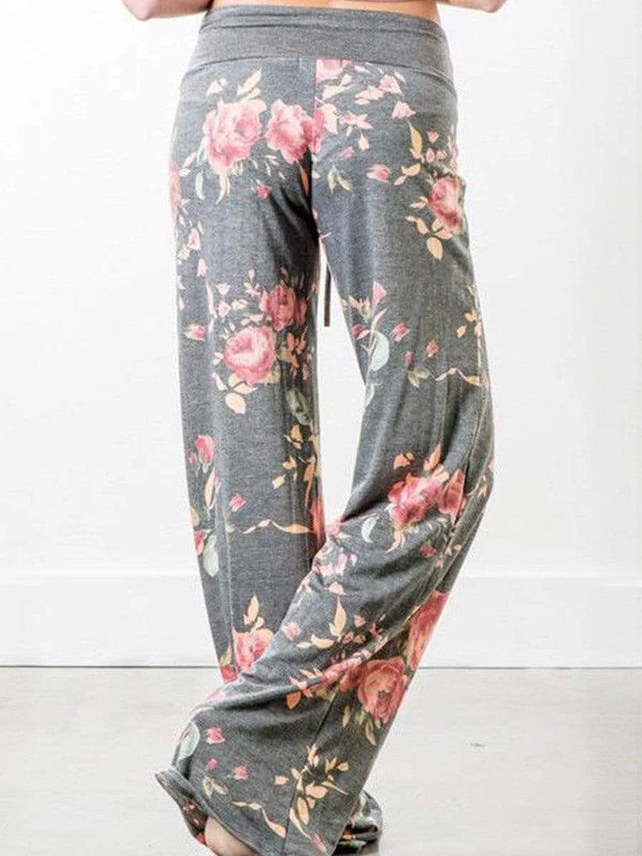 Hot Western Casual Personality High-Rise Wide-Leg Long Floral Print Pants