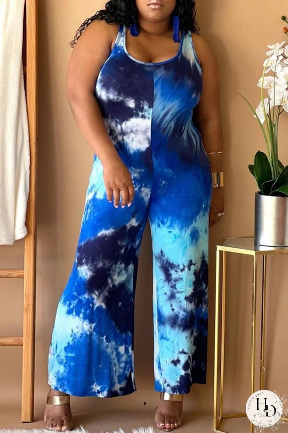 Multicolor Fashion Casual Tie Dye Printing U Neck Plus Size Jumpsuits