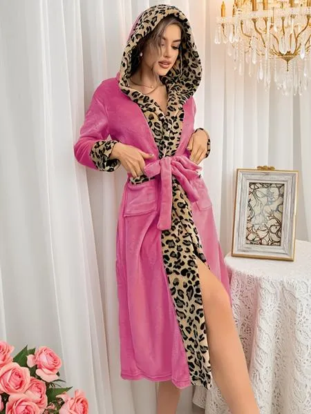 Women's Leopard Print Thermal Lined Bathrobe, Casual Soft Comfortable Long Sleeve Belted Robe, Women's Sleepwear for Fall & Winter Women's Leopard Print Thermal Lined Bathrobe, Casual Soft Comfortable Long Sleeve Belted Robe, Women's Sleepwear for Fall & Winter