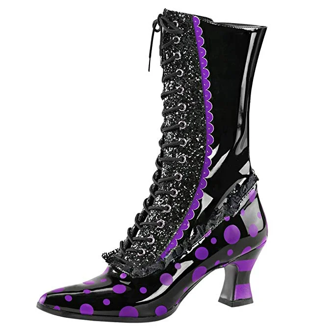Black and Purple Lace up Boots Polka Dots Mid-calf Boots for Halloween |FSJ Shoes