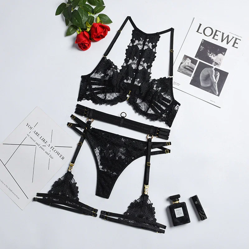 Billionm 3-Pieces Sensual Lingerie Pussy Panties Set Sexy Underwear For Whore Transparent Bra Hot Woman Thong Erotic Breves Sets