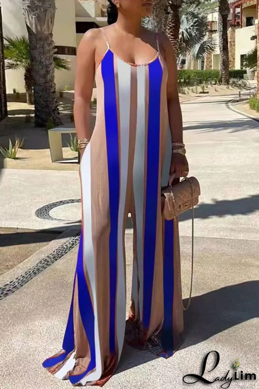 Red Fashion Casual Striped Print Backless Spaghetti Strap Regular Jumpsuits