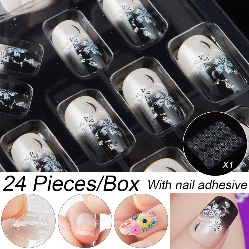 Fashion 24pc/set 10 Sizes Fake Nails Full Cover French False Nail Tips With Double-Sided Nail Adhesive Tab Press On Nails Art-Nail Inspo
