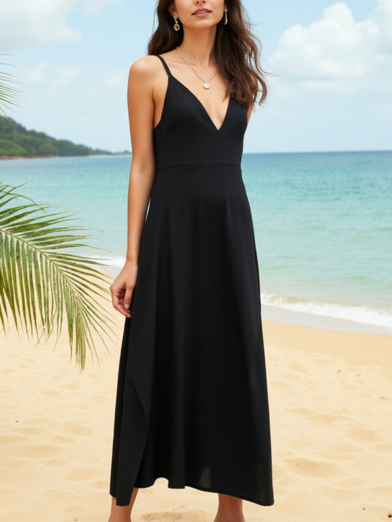 Women's Elegant Black Deep V-Neck Maxi Dress - Sleeveless, Flowing A-Line Skirt, Perfect For Beach Vacations And Summer Outings, Beach Dress | IFYHOME