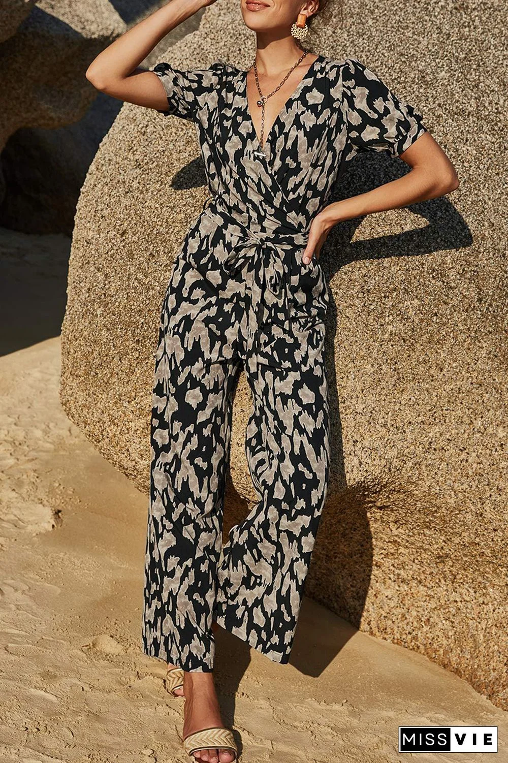 Elegant Print Strap Design V Neck Straight Jumpsuits