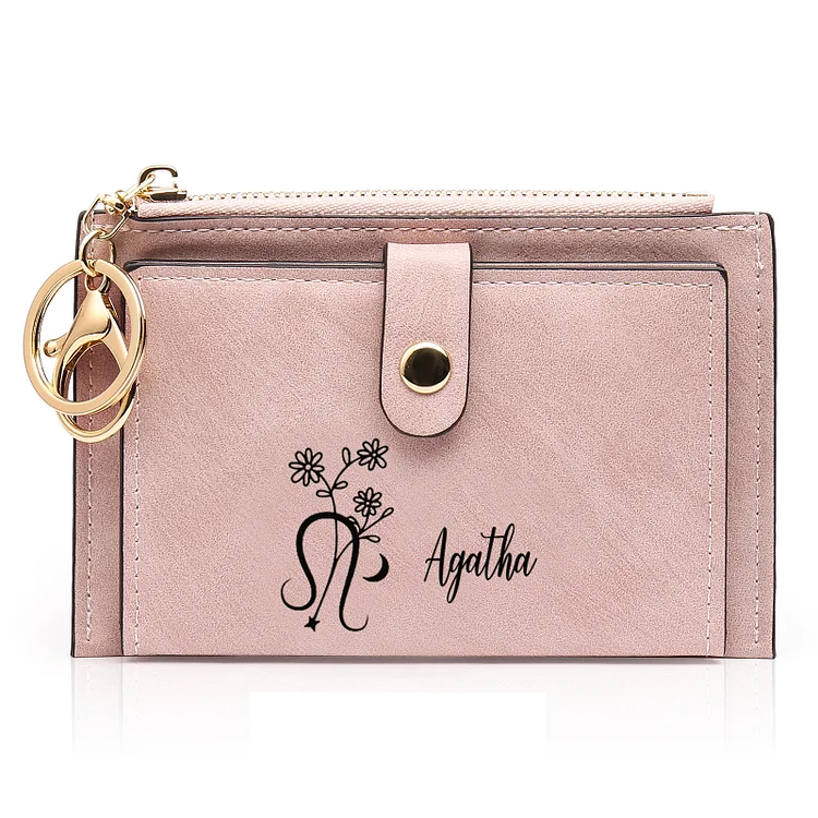Personalized Birthflower & Name PU Leather Women's Zipper Wallet Four Colors Available Gift For Her