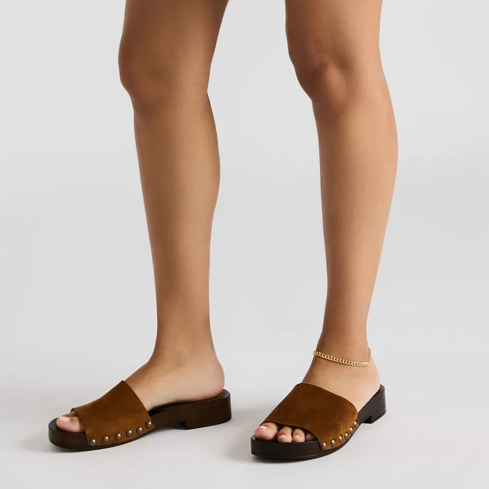Women's Brown Vegan Suede Round Toe Chunky Heel Studded Slides Shoes