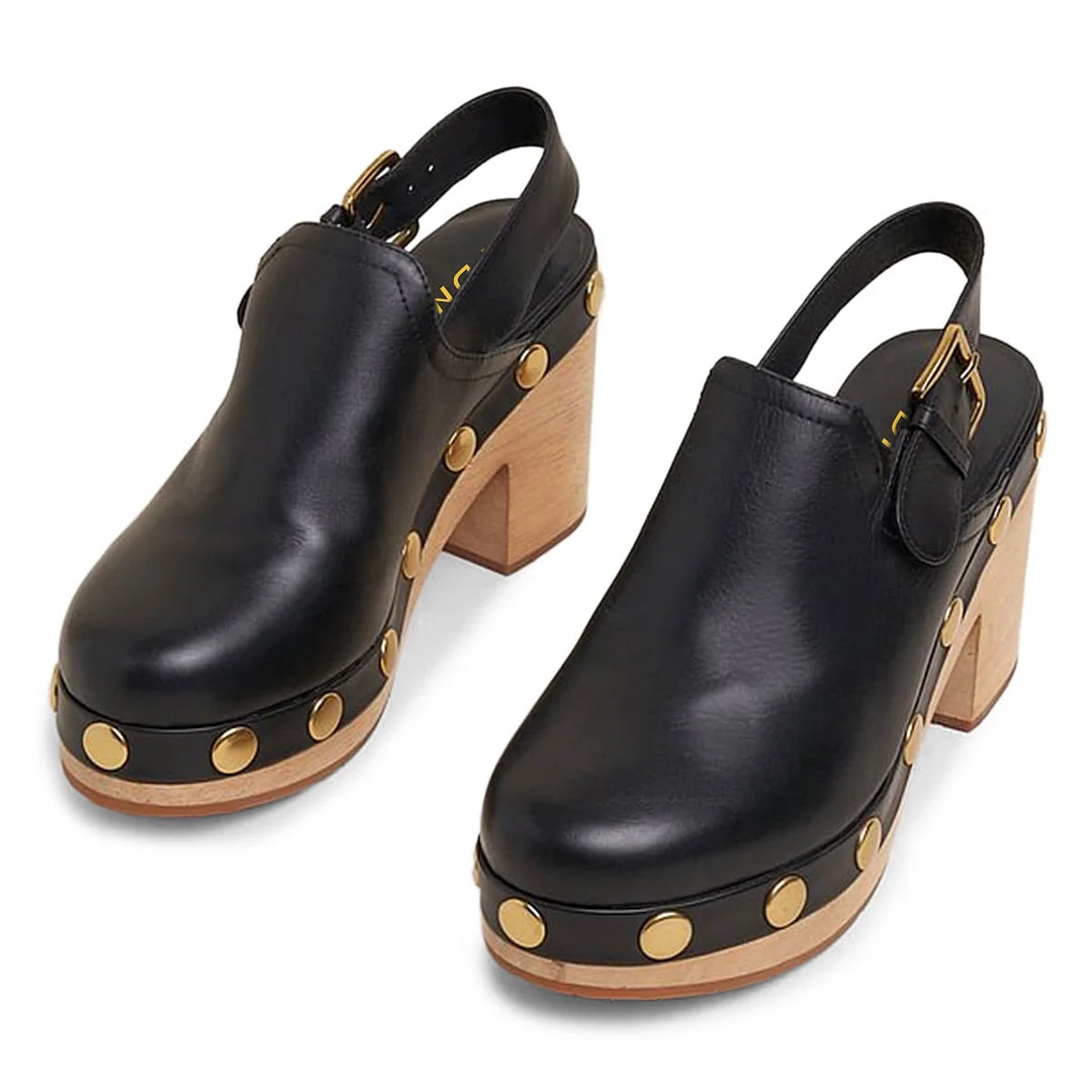 Classic Black Studded Round Toe Slingback Clog Heels with Platform