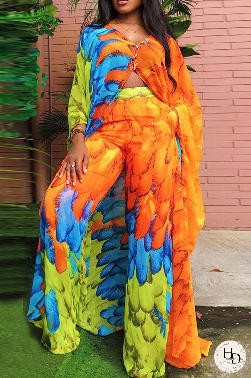 Tangerine Red Fashion Casual Print Slit Long Sleeve Two Pieces