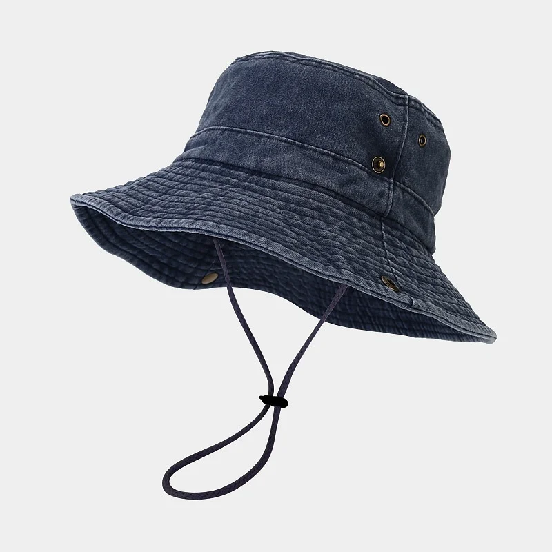 Retro Drawstring Wide Brim Washed Sun Hat Bucket Hat-barclient
