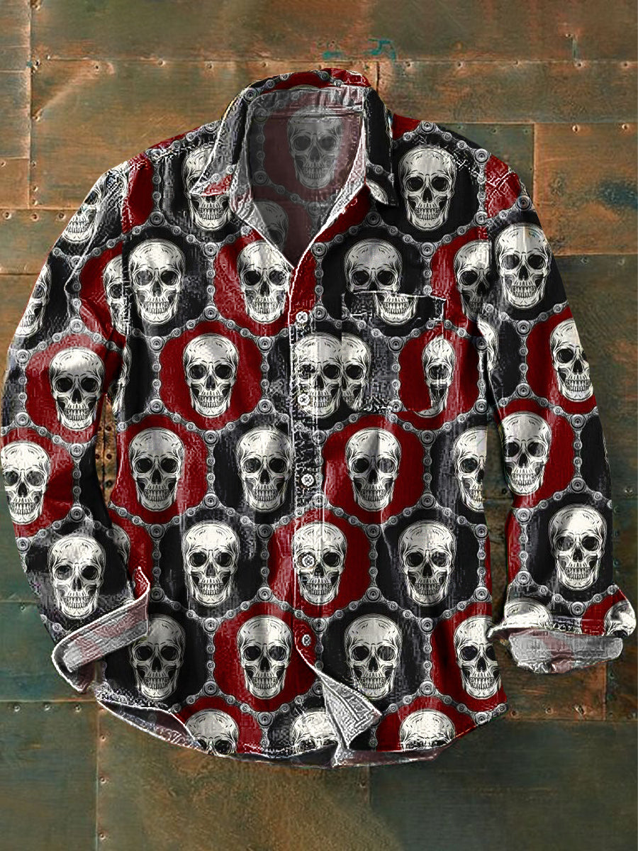 Men's Vintage Skull Art Print Long Sleeve Pocket Shirt
