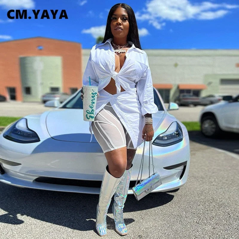 CM.YAYA Women White Long Sleeve Tie Up Single Breasted Cut Out Waist Sexy Irregular Blouse and Shirts