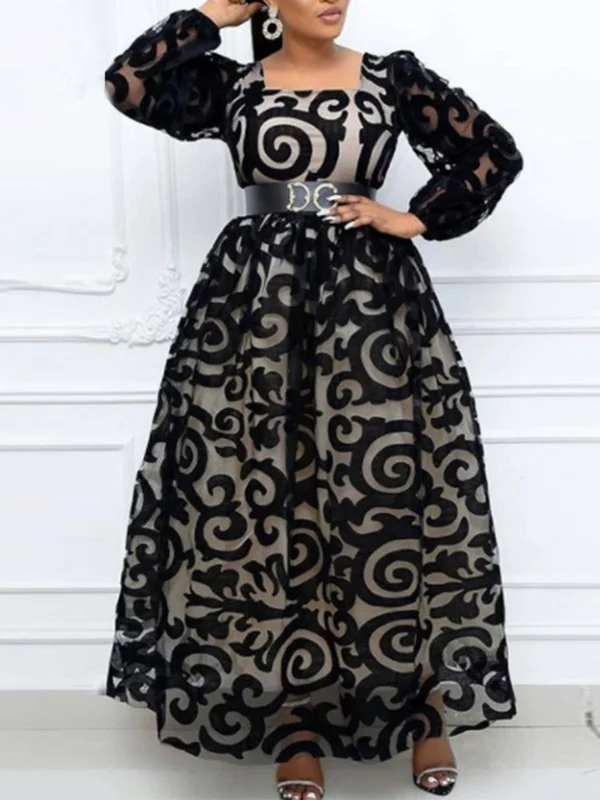 Fashion Square-Neck Long Sleeve See-Through Empire Maxi Dress