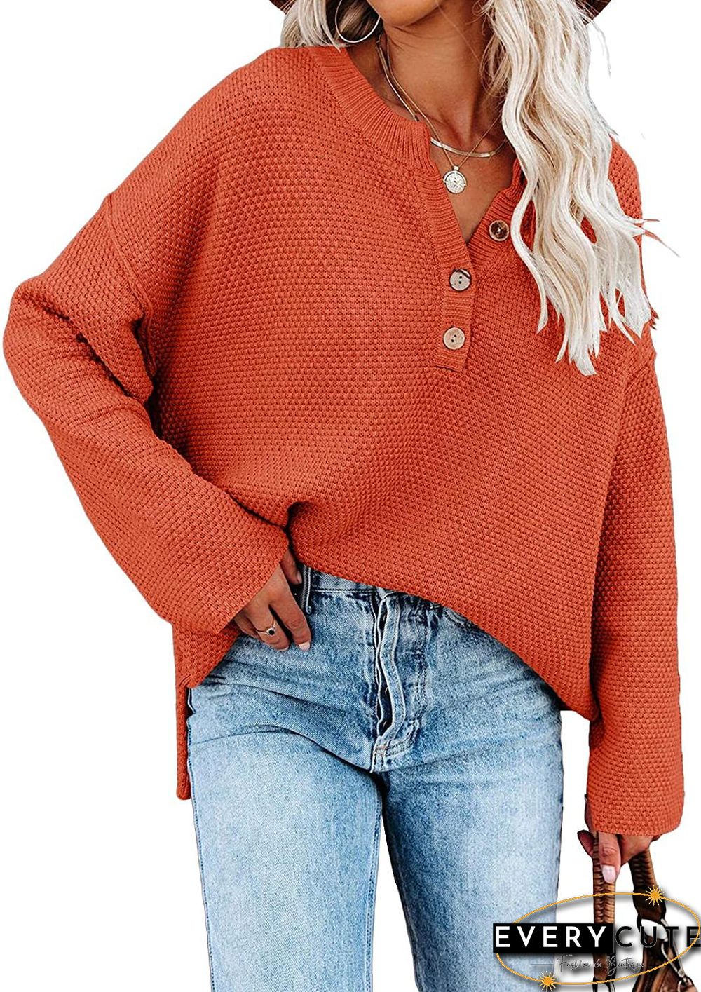 Orange Buttoned V Neck Waffle Knit Plus Size Top