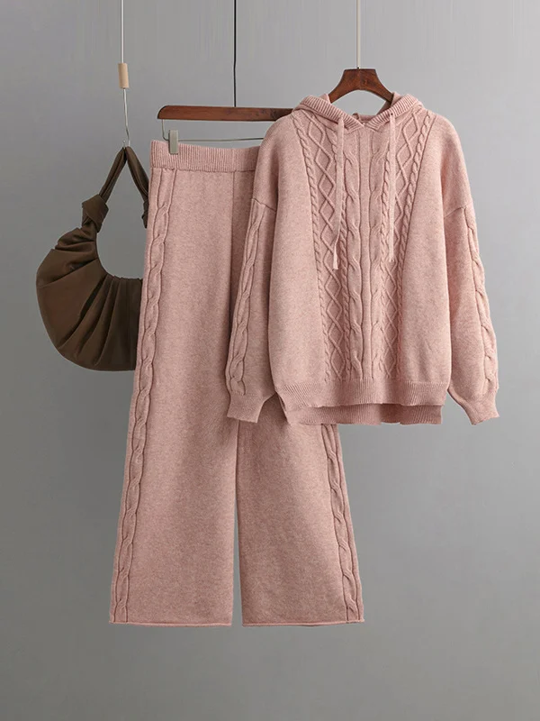 Urban Loose Solid Color Hooded High-Low Sweater Tops & Wide Leg Pants Two Pieces Set